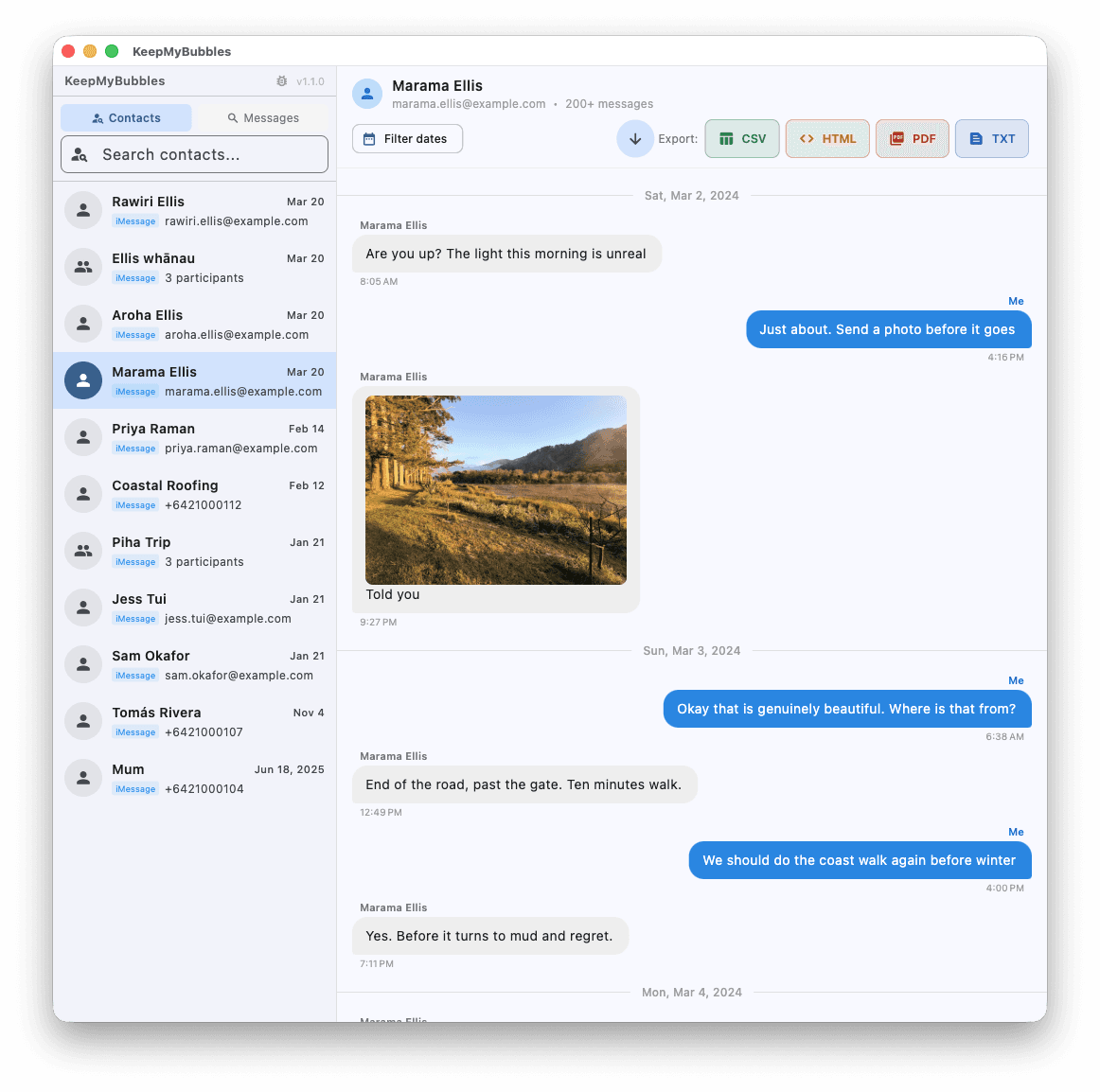 KeepMyBubbles showing a conversation with photos, a contact list, and buttons to export as CSV, HTML, PDF or plain text