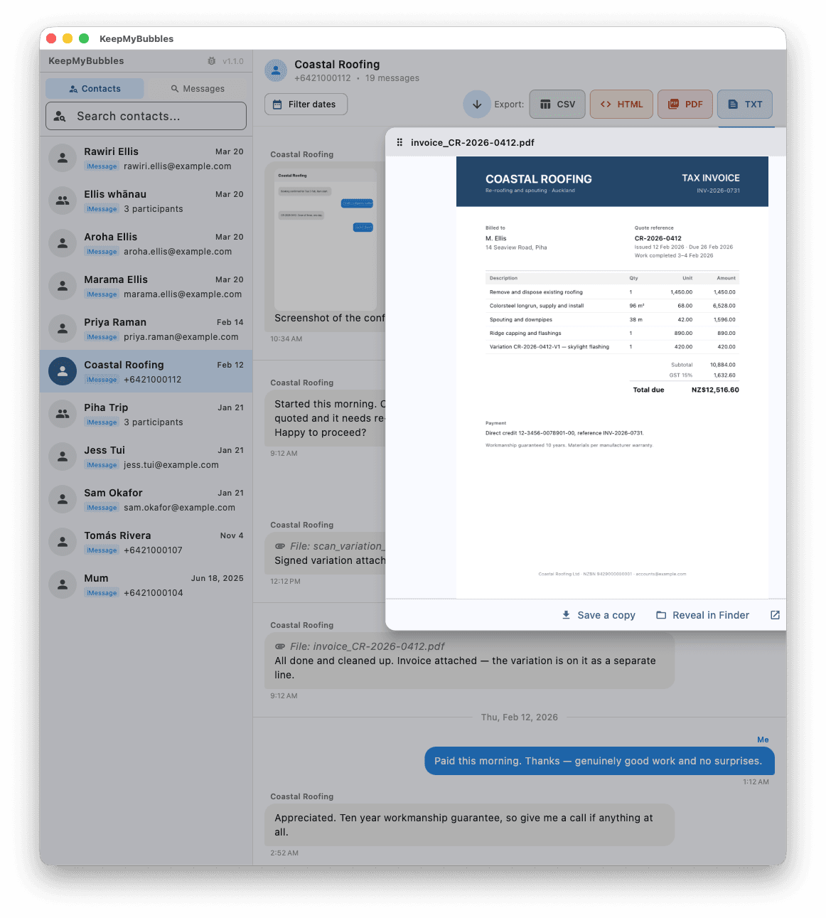 An invoice PDF previewed in a floating panel beside the conversation it was sent in